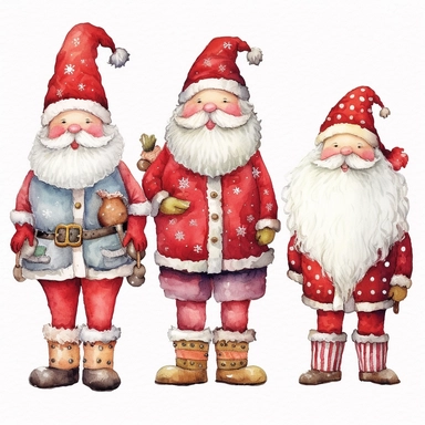 spaced apart, seperate, 4 x single, Highly detailed, christmas santa themed Doll, individually spaced, seperate, apart, watercolour clipart, vibrant colours, vibrant design, with white background, individually spaced, seperate, apart, Cut out doll used in Cardmaking, Mixed Media Crafts, as a character sheet, on a white background in the style of Marker drawing by Jasmine Becket - Griffith