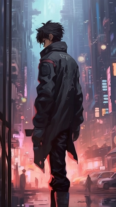 beautiful stunning pretty vintage cyberpunk anime boy, paint art style, clipart, city landscape background, superrealistic, one of a kind