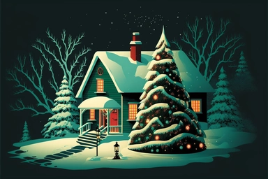 Stunning Vector clip art Christmas scene. frosty winter evening, snow is falling gently outside. The Christmas scene is one of festive cheer, as a cozy house is adorned with twinkling Christmas lights and colorful decorations. A tall Christmas tree with o
