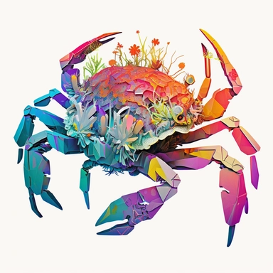psychedelic crab made of flowers,g, walkinfbright colours, water colours, clipart, retro-futuristic, bright colorful, image onle, full body, heavily detail, hyper-realisitic, CLEAR WHITE BACKGROUND