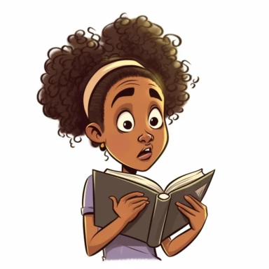 a cartoon clipart image featuring a cute eight-year-old African-American girl reading a book. She should standing be with the book open in one hand, and stroking her chin in confusion with the other hand. Her facial expression should be slightly exaggerated and comical, conveying a sense of bewilderment as she tries to understand what she is reading. Make the image colorful and engaging. white background, vector art