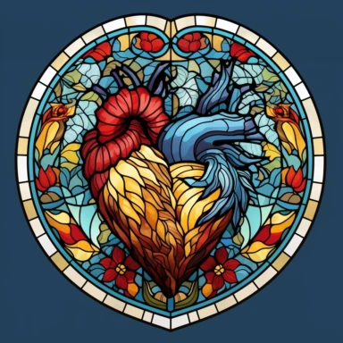 Design a captivating digital artwork of a Stained Glass Window Floral Heart Clipart, merging the artistry of stained glass windows with anatomical Valentine illustrations. Emulate the beauty of stained glass by creating a mosaic-like composition with floral elements intricately integrated into the heart shape. The style should evoke a sense of wonder and elegance, drawing inspiration from the intricate designs found in traditional stained glass windows. Experiment with lighting techniques to mim