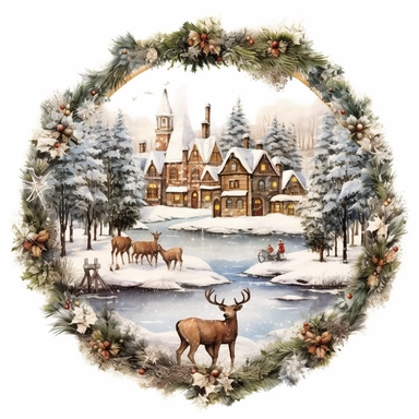 vintage design, advent wreath around, christmas theme oil paining Cute santa claus wearing Clipart Collection in beautiful winter landscape with a lot of snow and a small lake and a small town with church, moose, advent wreath around, christmas theme, detailed, isolated, white background, one pattern