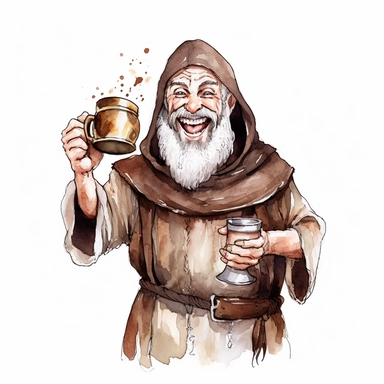 happy bearded medieval friar Tuck laughing as he holds just one beer mug in his right hand watercolor clipart no words