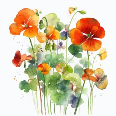 watercolor illustration of Nasturtiums flowers, watercolor clipart, watercolor splashes, spring boho vibes, 4k uhd, realistic floral portrait, white background