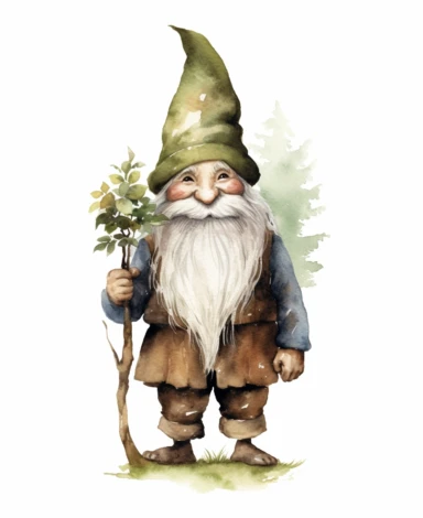 watercolour illustration for clipart, isolated smiling full length woodland gnome, large blue eyes, green and brown clothes, muted earthy tones, botanical, white background, nothing in the background