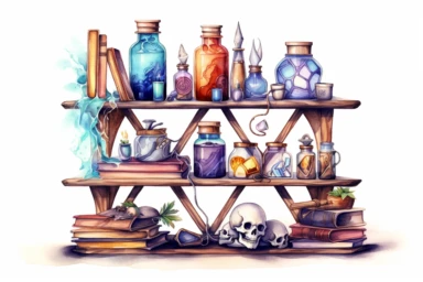 Create a watercolor clipart of a captivating magic elixir shelf with shelves adorned with mystical symbols, featuring an assortment of elixirs in bottles, carefully arranged on a magical floating table, surrounded by spellbooks filled with ancient knowledge, viewed from a slightly tilted perspective, hd, spaced out, on a white background