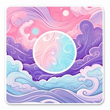 zen style sticker, pink purple and light blue, white background, zen vibes, clipart style, square