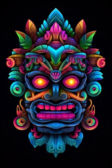 samurai jeweled tiki, clipart, neon on black background, vector