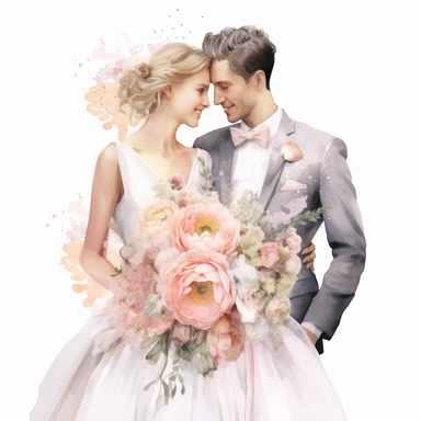 beautiful watercolor fun, happy and cute photorealistic white wedding couple, whole body, decorated in big pastel and light colors flowers in the style of aquarelist, wedding illustrations award winner, wedding clipart, 8k, white background, intricate details illustrations very detailed, uhd exquisite clothing detail, rimel neffati