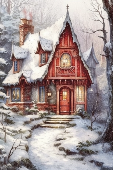 stunning red fairytale Christmas cottage in snow , beautiful Christmas clipart, soft faded colors, beautiful watercolor art by Marjolein Bastin, Thomas Kinkade, Carl Larsson, Norman Rockwell, Susan Wheeler