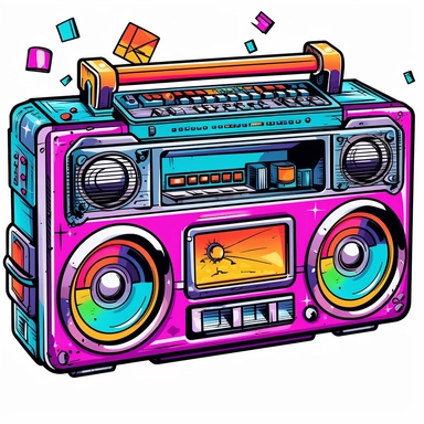 hand drawn clipart illustration of a retro boombox in Lisa frank style colors