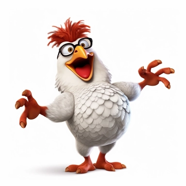 a funny chicken dancing, pixar style, clipart, white background