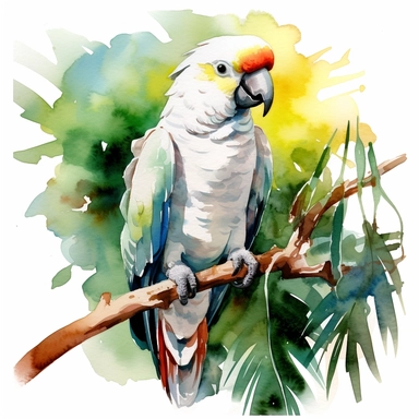 A white Parrot sitting proudly on a branch in the forest, looking off into the camera, with a few tropical plants and leaves framing the scene, vivid colors, watercolor by Thomas W. Schaller, clipart, solid background, no watermark, 8k