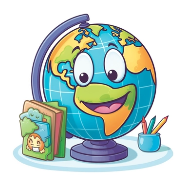 Transport your educational designs to a world of imagination and learning with a delightful cartoon-style clipart of a desk globe against a clean white background. Picture a charming and animated desk globe, featuring vibrant colors, cute facial expressions, and playful details. The continents and oceans on the globe can be depicted in an appealing and simplified manner, ensuring easy recognition while maintaining a whimsical aesthetic. Against the white background, the cartoon-style desk globe 