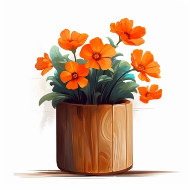 orange Flower inside a brown wood Pot Clipart in the style of oil painting, clean lines on a white background