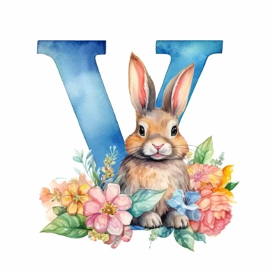a beautiful one of the kind watercolor clipart featuring a letter V with a cute bunny, in the style of delicate watercolors, wallpaper, 32k uhd, hand-painted details, oshare kei, wimmelbilder, joyful celebration of nature, close up, isolated on white plain background