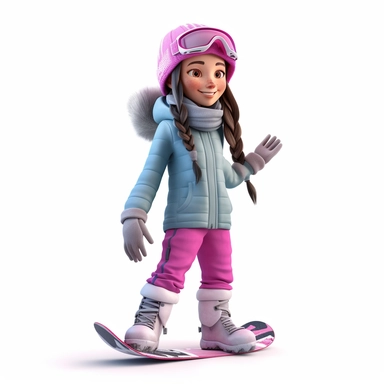 cute young girl snowboarding , smiling, full body, downhill snowboard clipart, Sport graphics, 16k polished, isolated on white background, 3d, hyperrealist, Octane Render, Extremely detailed,rendered by pixar, isolated on white background