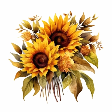 watercolour bunch of sunflowers clipart, hd, detailed, earth tones, white background, spaced out