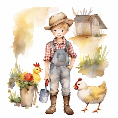 watercolor farm cute boy clipart white background