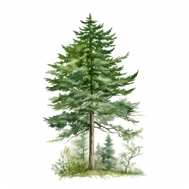 Create a watercolor illustration of a canadian hemlock tree. The tree should be depicted as very tall with a strong trunk and dark green leaves. Clipart with white background