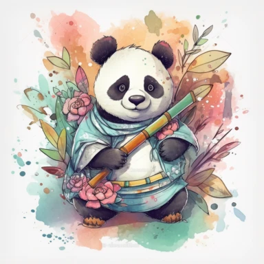 a happy panda with a bamboo shoot and a martial arts belt, depicted in a whimsical, cartoon style, watercolor, surrounded by colorful flowers and butterflies. The mood of the artwork is cheerful and playful, with a soft pastel color palette. The lighting style is bright and sunny, evoking a warm and inviting feeling. clipart design graphic, vector, contour, super cute, isolated white background, high quality, 2d, flat