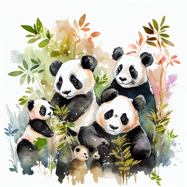 WATERCOLOR CLIPART FAMILY OF PANDAS CUTE PLAYING FOOLING AROUND IN THE NATURAL HABITAT