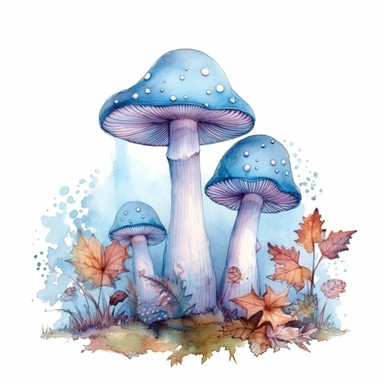 magic fantasy fungi, pastel blue colors, forest, autumn, watercolor, magical, mystical art, clipart