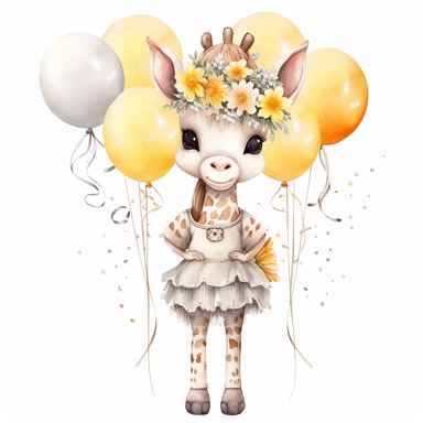baby giraffe nursery full body watercolor style clipart, happy, with floral crown on head, Disney style, holding beige balloons