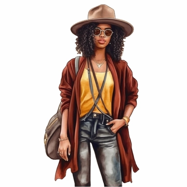 Black girl with old school fashion clothes, watercolor style, clipart solid white background