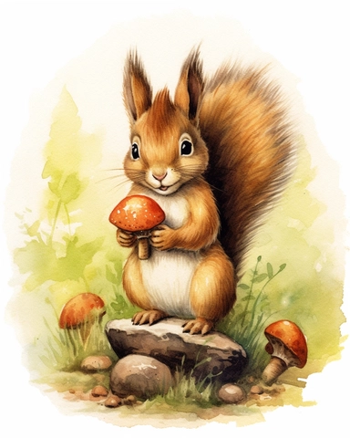 Artwork in the style of Cicely Mary Barker, clipart, whimsical watercolor illustration of a cute and happy little Squirrel gathering acorns in an autumnal forest, watercolor clipart, Book Cover illustration, Hyper HD