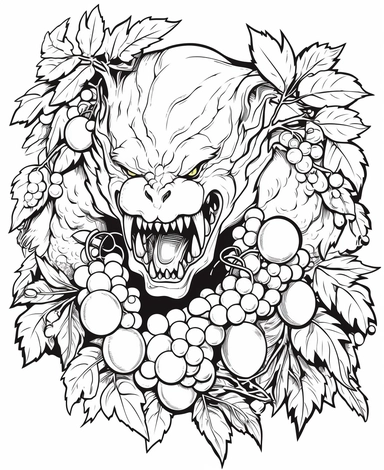 clean black and white coloring page of grape monster, resident evil style crisp lines white backgrount no fill, only black marker, low detail vector, clipart,