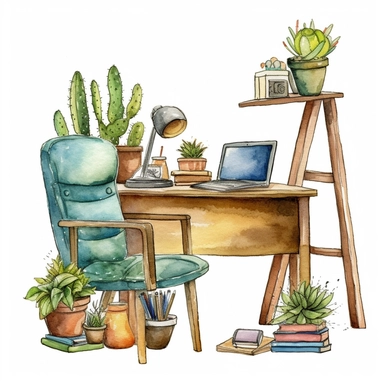 Generate a set of watercolor desk scenes clipart with a cute rustic floral theme for use in planners and workspaces. The clipart should be in PNG format and available for instant download. The scenes should depict cozy and inviting workspaces with elements such as a desk, chair, plants, and other decorative items. The watercolor style should be vibrant and artistic. The clipart should be suitable for commercial use. Please provide multiple variations and angles of the scenes for a diverse select