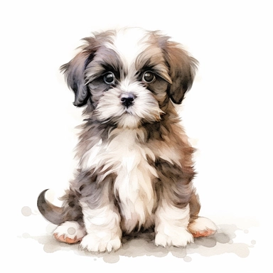 Watercolour cute Shih Tzu puppy sitting, beautiful details, ultra detailed, ultraphoto real intricate detailed, high definition, graphic clipart, hyper realistic,detailed, white background