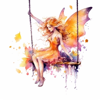 beautiful watercolor clipart painting of A magical fairy in the style of Disney movies in orange pink purple fantasy style sitting on a swing made of ropes and yellow leaves Her gaze shifts to the side and up