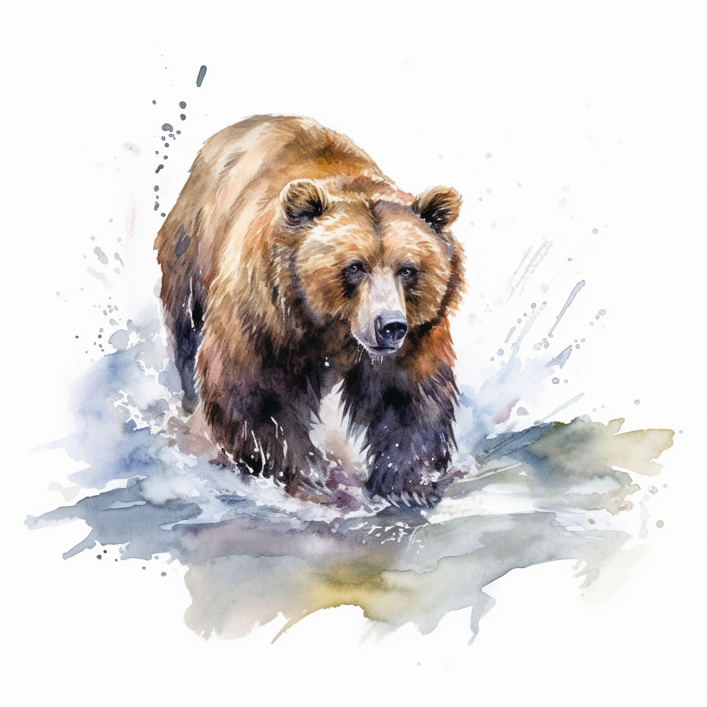 a detailed watercolor painting of a Grizzly Bear what a fishing in the ...