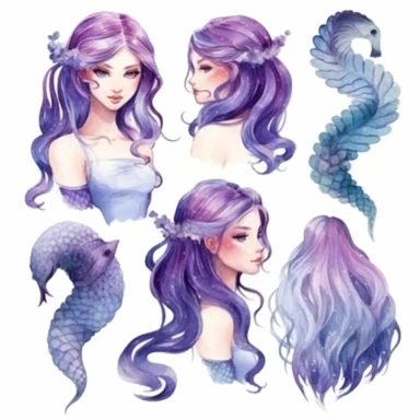 Watercolor drawing purple hair braided mermaids, illustrations clipart set, separate elements with a margin, , 4k, high resolution