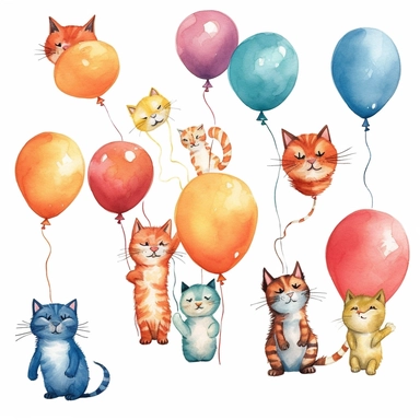 flying cat tied to a balloon clipart, balloons lined up side by side clipart , party balloons clipart, birthday party centerpiece, watercolor clipart