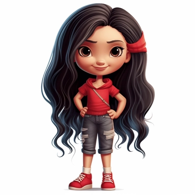 girl doll style smiling, thin black contour lines, arms crossed, red denim dress sneakers, long black hair with very light strands curls, cartoon clip art, cute eyes, illustration for kids, disney