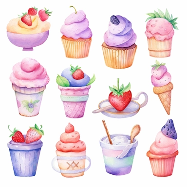whimsical watercolour cute clip art party food on white background, gradient illustration style, pastels, clipart, beautiful, colourfull, png transparent white background, high resolution, no caption q4 s2