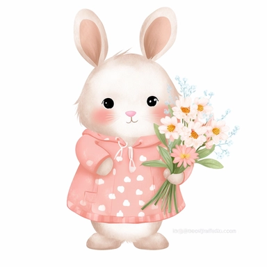 a shy baby Bunny with Flowers Clipart, Peter rabbit, wearing pink coat covered in flowers, Nursery summer Clipart, Easter Clipart, summer Bunny, Crafting Digital Paper, Mother’s Day, white background