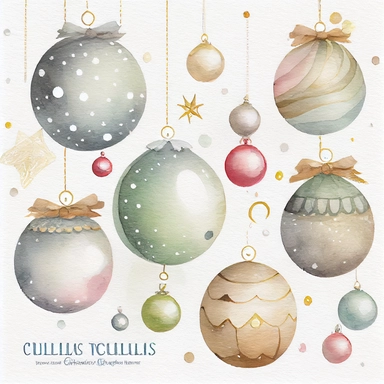 A watercolor painting of christmas ball collection, christmas, cute detailed digital art, inspired by nicoletta ceccoli, by Kubisi art, whimsical and cute, by nicoletta ceccoli, cute detailed artwork, glimmering, adorable and whimsical, whimsical art, Clipart style, png style, svg style, blank white background, a solid white background