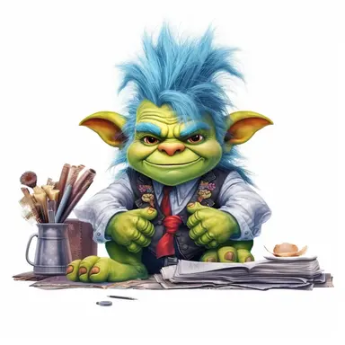 Cute Adorable magical little Troll working in office wears a vest suit, clipart, photorealistic illustration, high detail, 8k polished, 8k, vibrant colors, white background, sticker