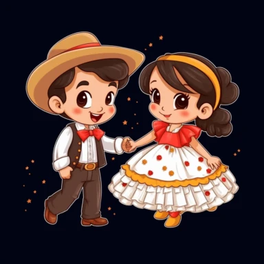 Weding dance festa junina little kids, dance, on white background, clipart, big hugh eyes, cartoon style