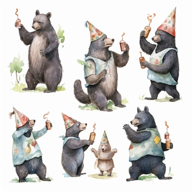 multiple poses characters of Black Bear enjoy with party in the garden, watercolor in medieval cartoon grunge style clipart on white background