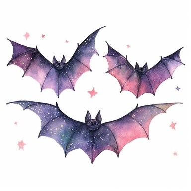 watercolor clipart of a flying black bats silhouettes, magical and enchanted, cute, sparkles, witchy vibes, isolated on white background