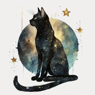 a sitting skinny pagan black cat in front of big starry sky portret, clipart, moon, watercolors, white background, stars, planets, galaxy, magical, ornaments, little golden stars, full body, pictorial space, sparky, glitter, use Cool Color Palette