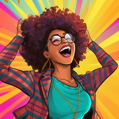 cheerful, vibrant cartoon illustration of a confident black woman with natural hair, wearing stylish clothing and accessories, against a colorful backdrop, high-quality, clip art, joyful, empowering, positive vibes--ar 1:1