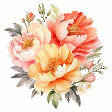 Watercolor flowers bouquet clipart. Peach peony arrangement. Floral illustration set isolated jn white background. Perfect for card design, wedding invitation, fabric, home decoration ar 16:9