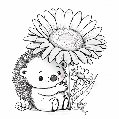 Happy cute cartoon hedgehog hugs a flower, white background, anime style, incredibly detailed , thick outline , Create a sketch of a black and white  Cute and adorable cartoon it , fantasy, dreamlike, surrealism, super cute, trending on artstation design,